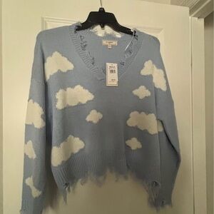 Sky Blue Cloud Pattern V-Neck Sweater